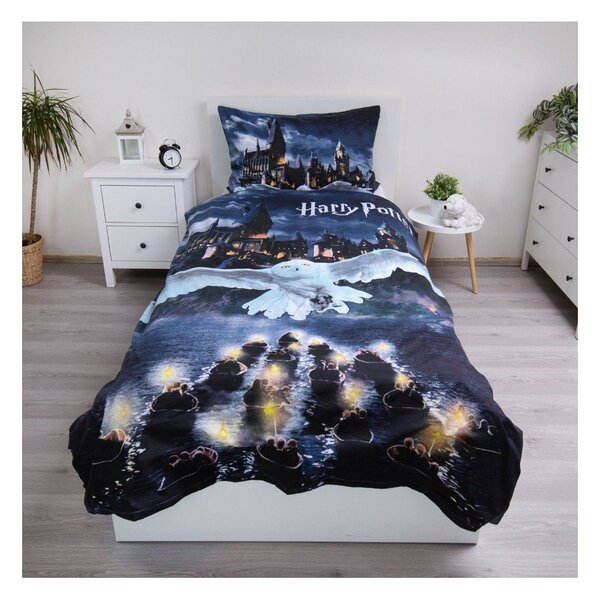 Ciemnoniebieska/szara pościel dziecięca jednoosobowa z mikrowłókna 140x200 cm Harry Potter "Hogwarts Night" – Jerry Fabrics