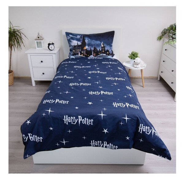 Ciemnoniebieska/szara pościel dziecięca jednoosobowa z mikrowłókna 140x200 cm Harry Potter "Hogwarts Night" – Jerry Fabrics