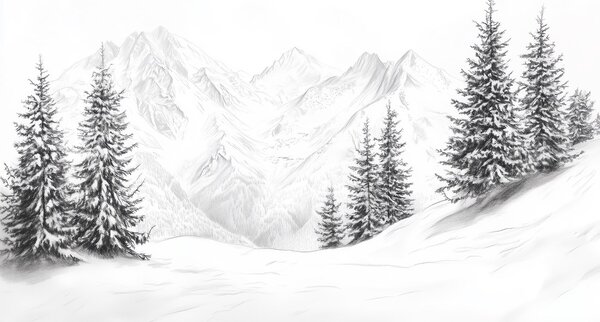 Fototapety Ośnieżone góry, rysunek ołówkiem, minimalizm, las, natura, Fototapety Natura, w02351 : Uwalls.pl