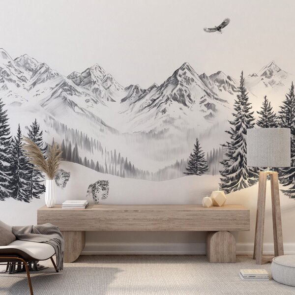 Fototapety Zimowe góry, pantery śnieżne, las sosnowy, rysunek ołówkiem, latający orzeł, Fototapety Natura, w02360 : Uwalls.pl