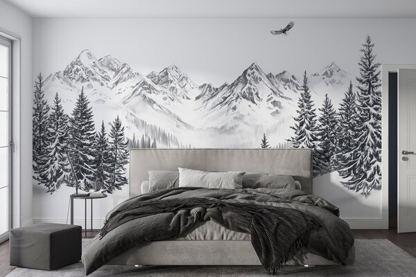 Fototapety Zimowe góry, pantery śnieżne, las sosnowy, rysunek ołówkiem, latający orzeł, Fototapety Natura, w02360 : Uwalls.pl