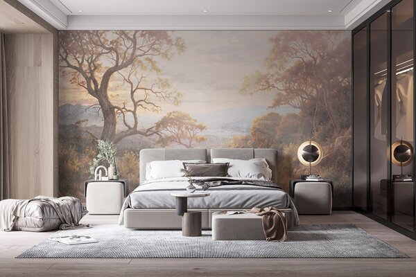 Fototapety Kręta polna ścieżka przez bujny, jesienny las z wysokimi, powykręcanymi drzewami i ciepłym słońcem, Fototapety Natura, w08446 : Uwalls.pl