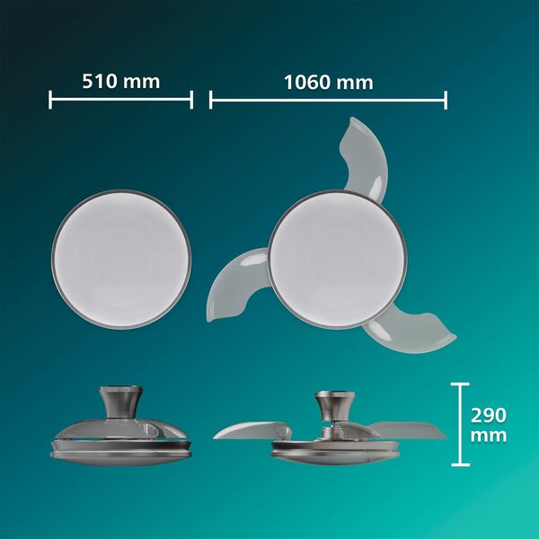 Philips Wentylator sufitowy LED Atlas, niklowy, cichy, CCT, DC możliwość ściemniania, aluminiowy / szary / cynkowy, salon / jadalnia, metal, nowoczesny