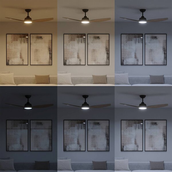 Philips Wentylator LED Olas, średnica 132 cm, drewno/czerń, CCT, DC możliwość ściemniania, czarny, salon / jadalnia, tworzywo sztuczne, nowoczesny