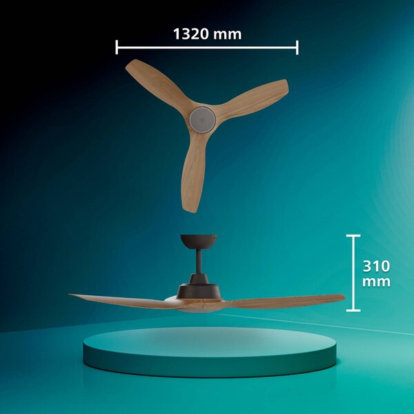 Philips Wentylator LED Olas, średnica 132 cm, drewno/czerń, CCT, DC możliwość ściemniania, czarny, salon / jadalnia, tworzywo sztuczne, nowoczesny