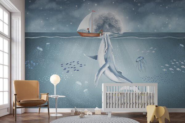 Fototapety Projekt dla dzieci z wielorybem, księżycem i łodzią z dziećmi, Fototapety Dziecięce, w02476 : Uwalls.pl