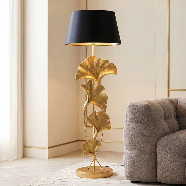 KARE Lampa stojąca Ginkgo, mosiężny / złoty, salon / jadalnia, tkanina / materiał / jedwab, nowoczesny