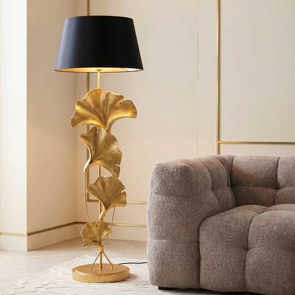 KARE Lampa stojąca Ginkgo, mosiężny / złoty, salon / jadalnia, tkanina / materiał / jedwab, nowoczesny