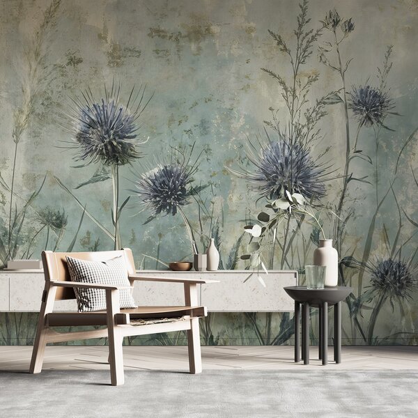 Fototapety Pole fioletowych kwiatów ostu z rozmytymi kwiatami i liśćmi na teksturowym tle w stylu vintage, Fototapety Kwiaty, w08463 : Uwalls.pl