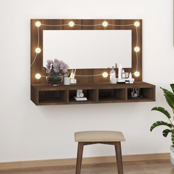 Szafka z lustrem i LED, brązowy dąb, 90x31,5x62 cm