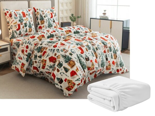 Zestaw pościeli z mikropluszu FESTIVE MAGIC biały + prześcieradło z mikropluszu SOFT 180x200 cm biały, łóżko podwójne