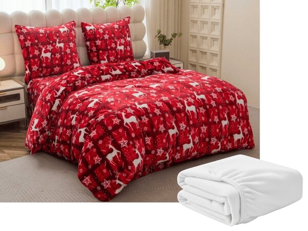 Zestaw pościeli z mikropluszu VELVET CHRISTMAS czerwony + prześcieradło z mikropluszu SOFT 90x200 cm biały, jednoosobowy łóżko