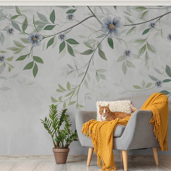 Fototapety Gałęzie z zielonymi liśćmi i niebieskimi kwiatami, Fototapety Akwarele, w00316 : Uwalls.pl