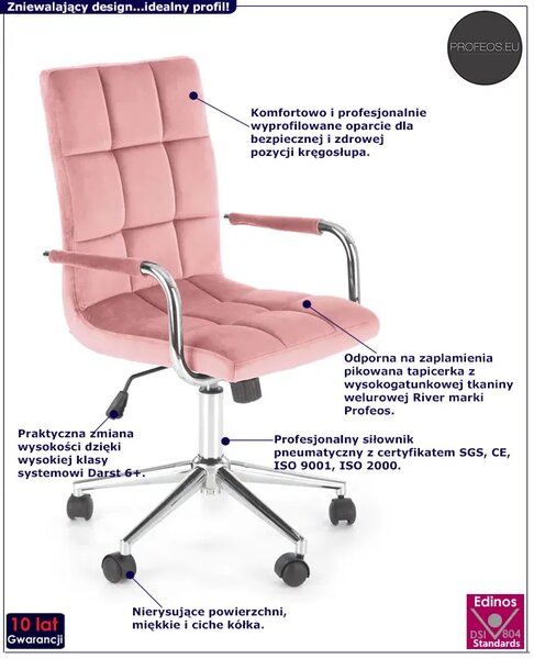 Różowy welurowy fotel obrotowy F4-P20