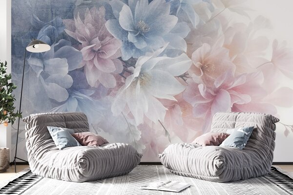 Fototapety Miękka, pastelowa, teksturowana kompozycja kwiatowa z dużymi, delikatnymi kwiatami, Fototapety Las, Fototapety Drzewa, w08535 : Uwalls.pl