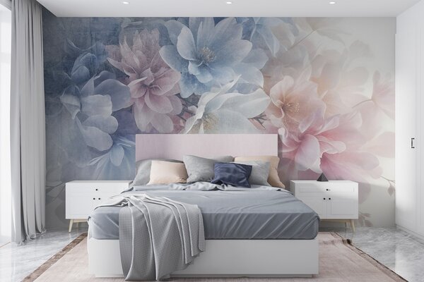 Fototapety Miękka, pastelowa, teksturowana kompozycja kwiatowa z dużymi, delikatnymi kwiatami, Fototapety Las, Fototapety Drzewa, w08535 : Uwalls.pl