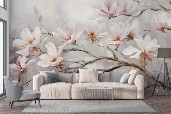 Fototapety Delikatne różowe kwiaty magnolii kwitnące na nagich gałęziach drzew na miękkim, zamglonym tle, Fototapety Kwiaty, w08589 : Uwalls.pl