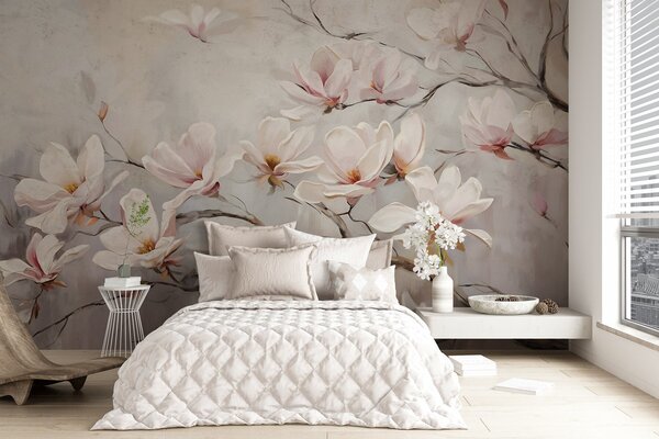 Fototapety Delikatne różowe kwiaty magnolii kwitnące na nagich gałęziach drzew na miękkim, zamglonym tle, Fototapety Kwiaty, w08589 : Uwalls.pl