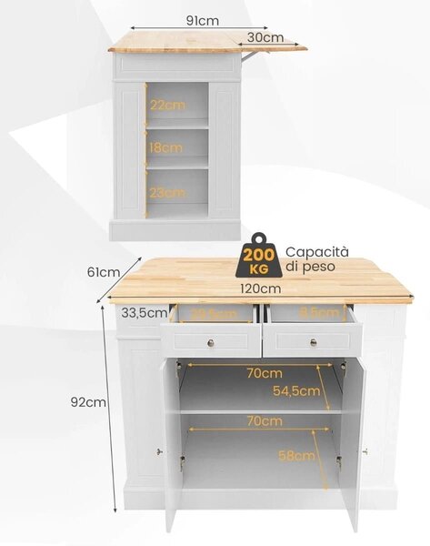 Wyspa kuchenna z rozkładanym blatem 120 x 61 x 92 cm