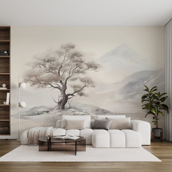 Fototapety Minimalistyczny rysunek samotnego, poskręcanego drzewa w odludnym, skalistym krajobrazie z górami w, Fototapety Natura, w08604 : Uwalls.pl
