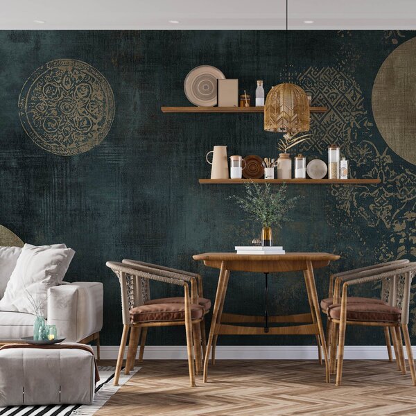 Fototapety Żółte okręgi na ciemnym, postarzanym tle, Fototapety w stylu industrialnym, w08628 : Uwalls.pl