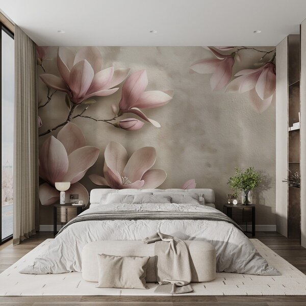Fototapety Delikatne różowe magnolie na betonowej ścianie w odcieniach sepii, Fototapety Kwiaty, w08636v2 : Uwalls.pl