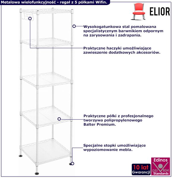 Biały regał metalowy z 5 półkami T0-S62