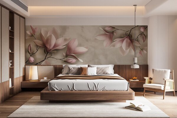 Fototapety Delikatne różowe magnolie na betonowej ścianie w odcieniach sepii, Fototapety Kwiaty, w08636v2 : Uwalls.pl