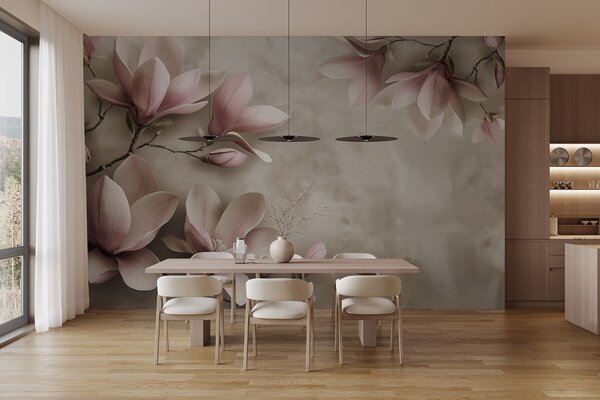 Fototapety Delikatne różowe magnolie na betonowej ścianie w odcieniach sepii, Fototapety Kwiaty, w08636v2 : Uwalls.pl