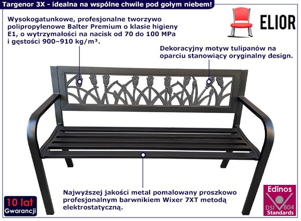 Ławka ogrodowa z metalowym stelażem i florystycznym zdobieniem W4-B41