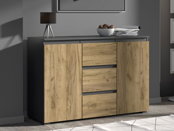 Nowoczesna komoda z szufladami i półkami antracyt + dąb craft 120 cm M7-D15