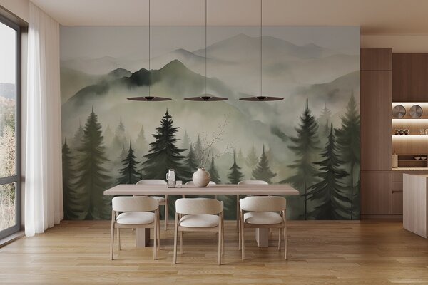 Fototapety Krajobraz górski z lasem sosnowym i warstwowymi górami o świcie z lekką mgłą akwarela imitacja, Fototapety Natura, w08639 : Uwalls.pl