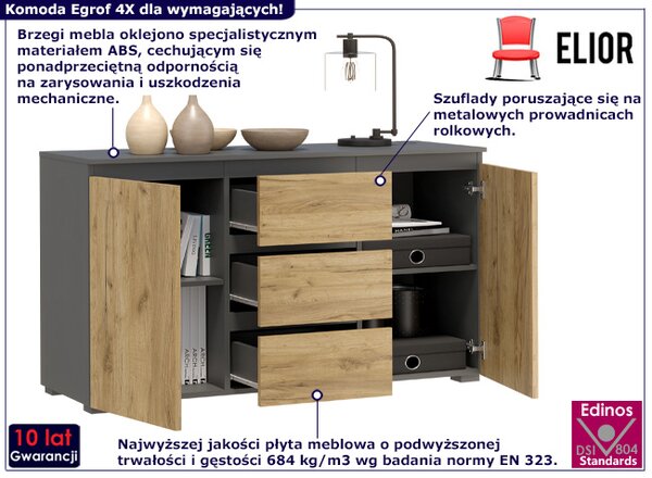 Nowoczesna komoda z szufladami i półkami antracyt + dąb craft 120 cm M7-D15