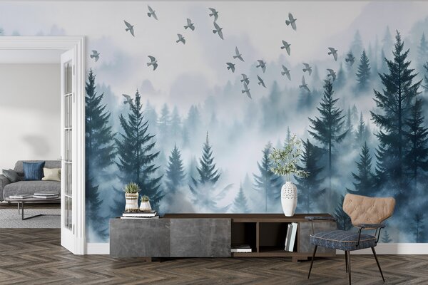 Fototapety Spokojny, mglisty las z drzewami w odcieniach błękitu i stadem ptaków lecących po niebie , Fototapety Natura, w08664 : Uwalls.pl