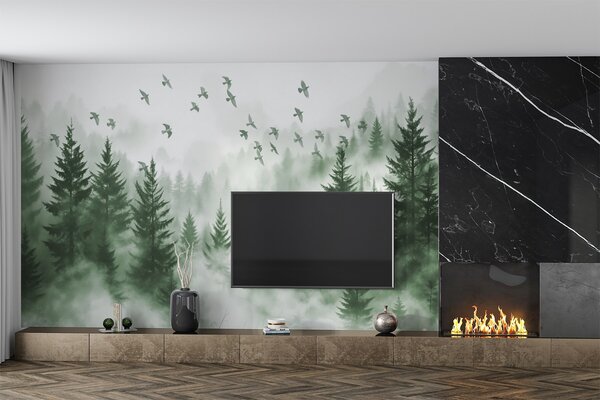 Fototapety Spokojny, mglisty las z drzewami w odcieniach zieleni i stadem ptaków lecących po niebie , Fototapety Natura, w08664v1 : Uwalls.pl