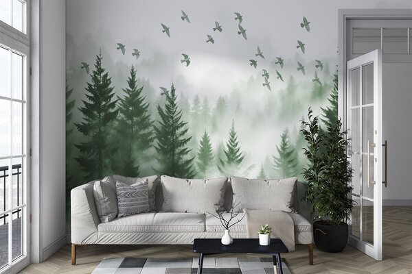 Fototapety Spokojny, mglisty las z drzewami w odcieniach zieleni i stadem ptaków lecących po niebie , Fototapety Natura, w08664v1 : Uwalls.pl