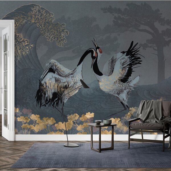 Fototapety Żurawie, drzewa i fale z elementami w stylu chińskim, Fototapety Zwierzęta, Fototapety Ptaki, w02747 : Uwalls.pl