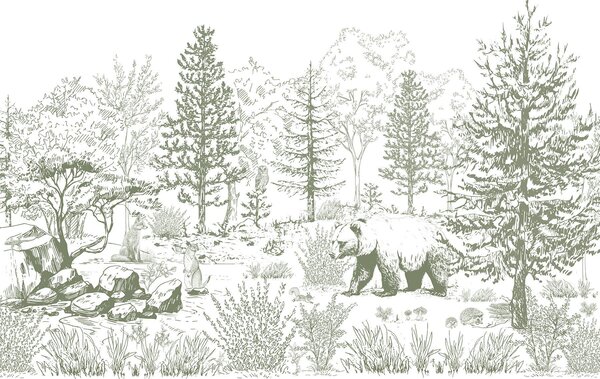 Fototapety Życie lasu, drzewa, dzikie zwierzęta, niedźwiedź, lis, sowa, krzaki, rysunek ołówkiem, zielone, Fototapety Natura, w02929v2 : Uwalls.pl