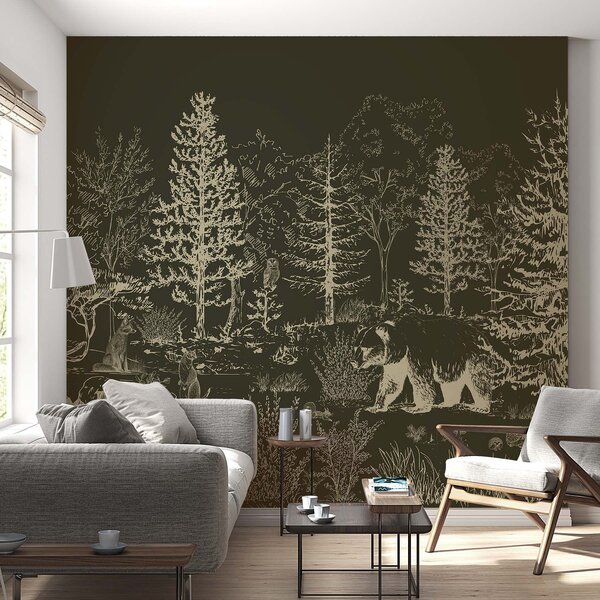 Fototapety Życie lasu, drzewa, dzikie zwierzęta, niedźwiedź, lis, sowa, krzaki, ciemnozielone tło, Fototapety Natura, w02929v3 : Uwalls.pl