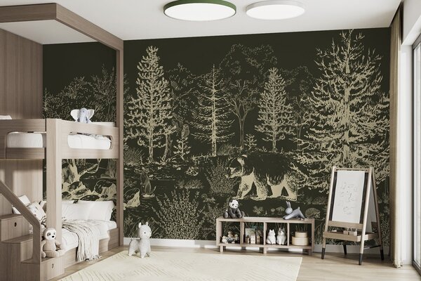 Fototapety Życie lasu, drzewa, dzikie zwierzęta, niedźwiedź, lis, sowa, krzaki, ciemnozielone tło, Fototapety Natura, w02929v3 : Uwalls.pl