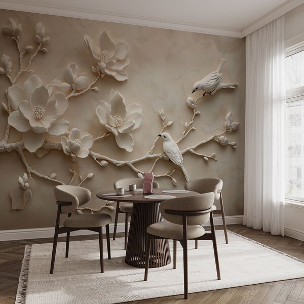 Fototapety gałęzie magnolii 3D z ptakami, Fototapety Kwiaty, w08690 : Uwalls.pl