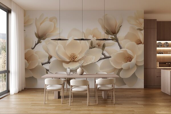 Fototapety Beżowe kwitnące kwiaty magnolii w kremowym odcieniu na białym tle, Fototapety Kwiaty, w08692 : Uwalls.pl