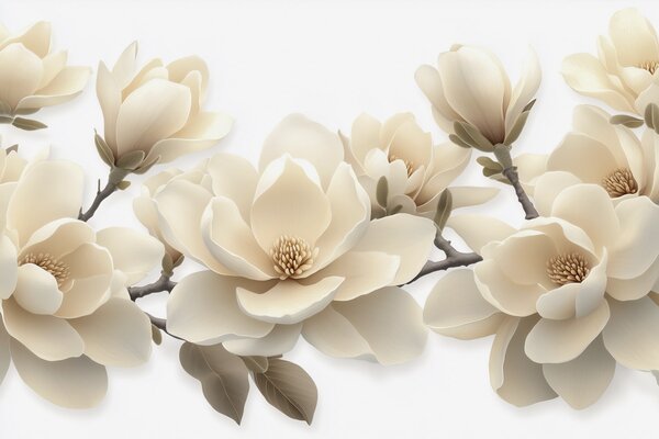 Fototapety Beżowe kwitnące kwiaty magnolii w kremowym odcieniu na białym tle, Fototapety Kwiaty, w08692 : Uwalls.pl
