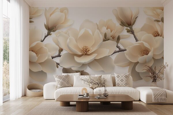 Fototapety Beżowe kwitnące kwiaty magnolii w kremowym odcieniu na białym tle, Fototapety Kwiaty, w08692 : Uwalls.pl