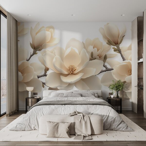 Fototapety Beżowe kwitnące kwiaty magnolii w kremowym odcieniu na białym tle, Fototapety Kwiaty, w08692 : Uwalls.pl