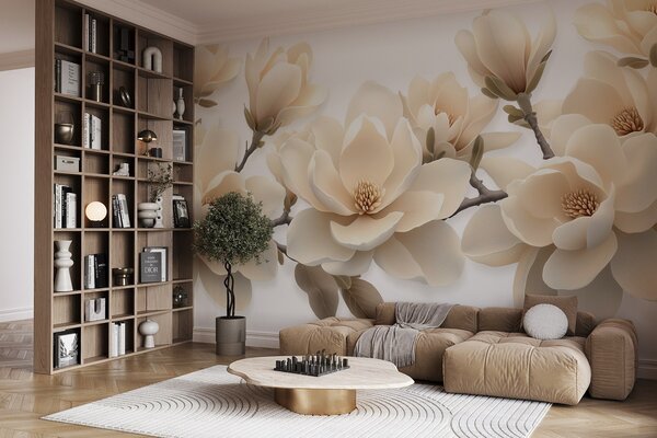 Fototapety Beżowe kwitnące kwiaty magnolii w kremowym odcieniu na białym tle, Fototapety Kwiaty, w08692 : Uwalls.pl