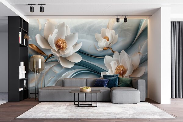 Fototapety Kwiaty magnolii w połączeniu z niebieskimi, białymi i żółtymi odcieniami z abstrakcyjnymi falami, Fototapety Kwiaty, w08695 : Uwalls.pl