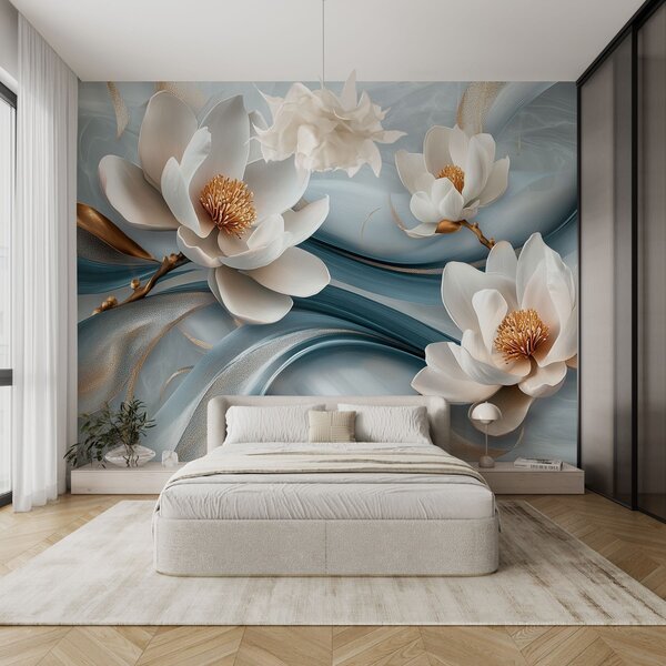 Fototapety Kwiaty magnolii w połączeniu z niebieskimi, białymi i żółtymi odcieniami z abstrakcyjnymi falami, Fototapety Kwiaty, w08695 : Uwalls.pl