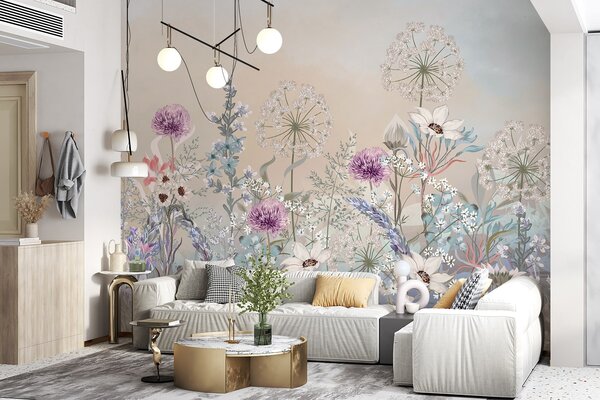 Fototapety Tętniący życiem ogród kwiatowy z różnymi kwiatami i trawą na miękkim, pastelowym, gradientowym, Fototapety Akwarele, w08699 : Uwalls.pl