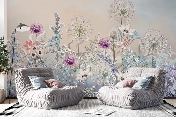 Fototapety Tętniący życiem ogród kwiatowy z różnymi kwiatami i trawą na miękkim, pastelowym, gradientowym, Fototapety Akwarele, w08699 : Uwalls.pl